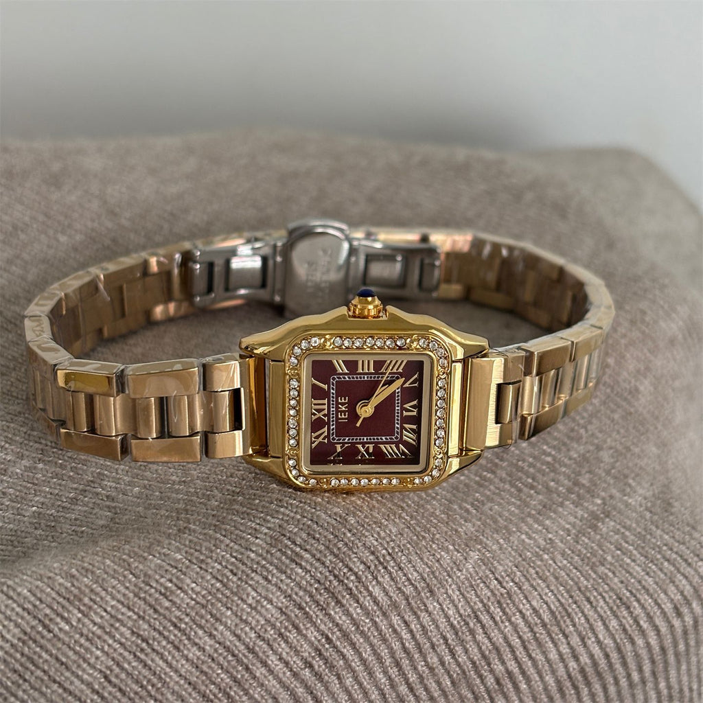 IEKE Business Square Roman Crystal Bezel Steel Watch - Diamond Accented Tank Watch for Women