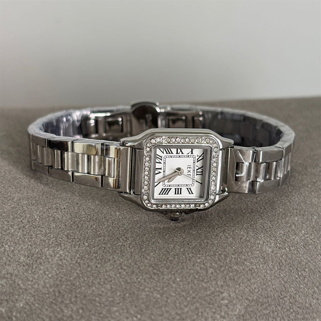 IEKE Business Square Roman Crystal Bezel Steel Watch - Diamond Accented Tank Watch for Women
