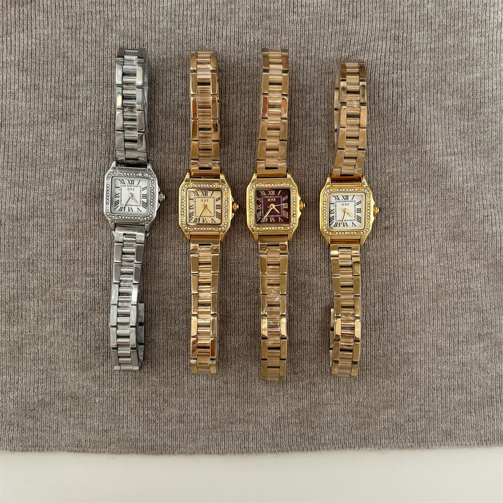 IEKE Business Square Roman Crystal Bezel Steel Watch - Diamond Accented Tank Watch for Women
