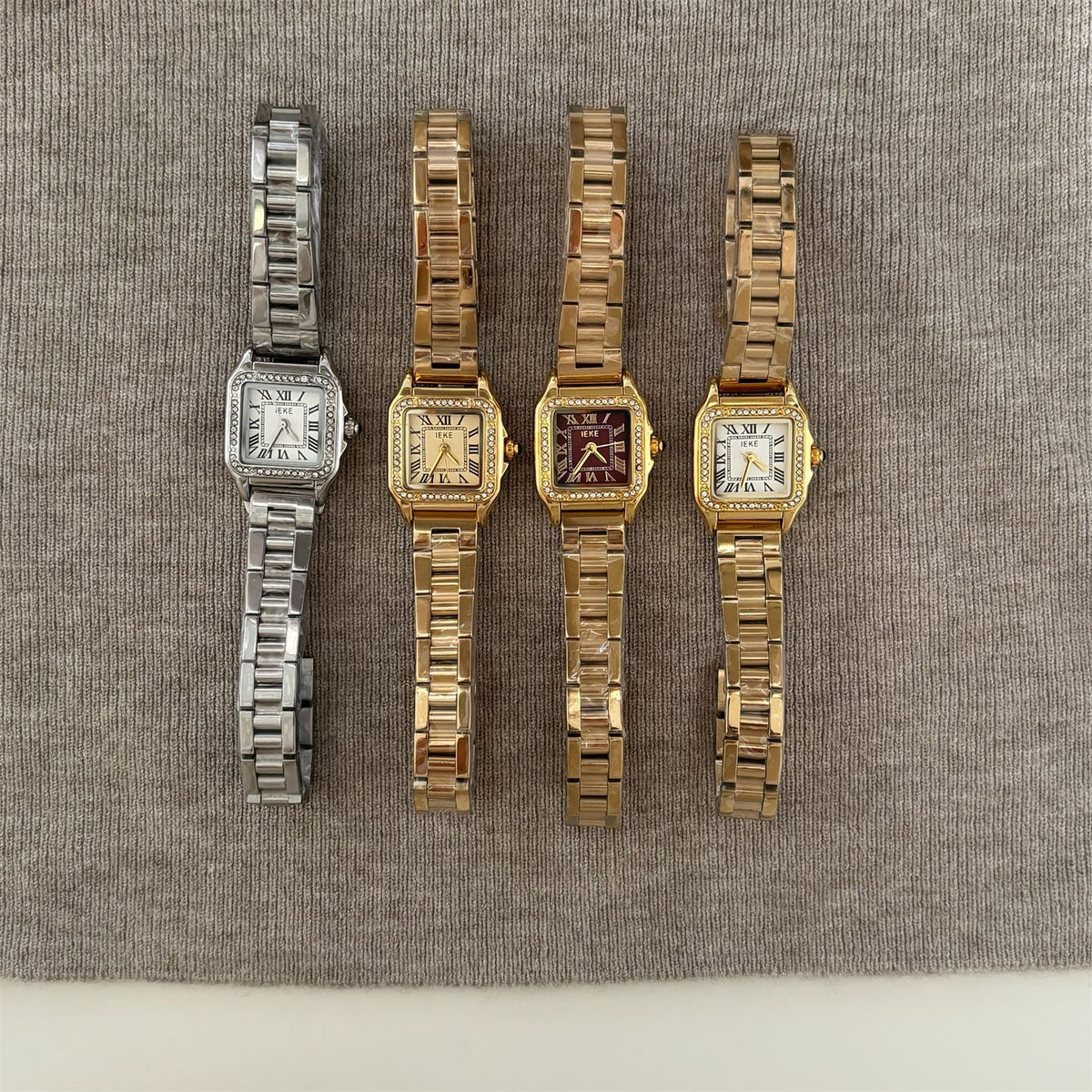 IEKE Business Square Roman Crystal Bezel Steel Watch - Diamond Accented Tank Watch for Women