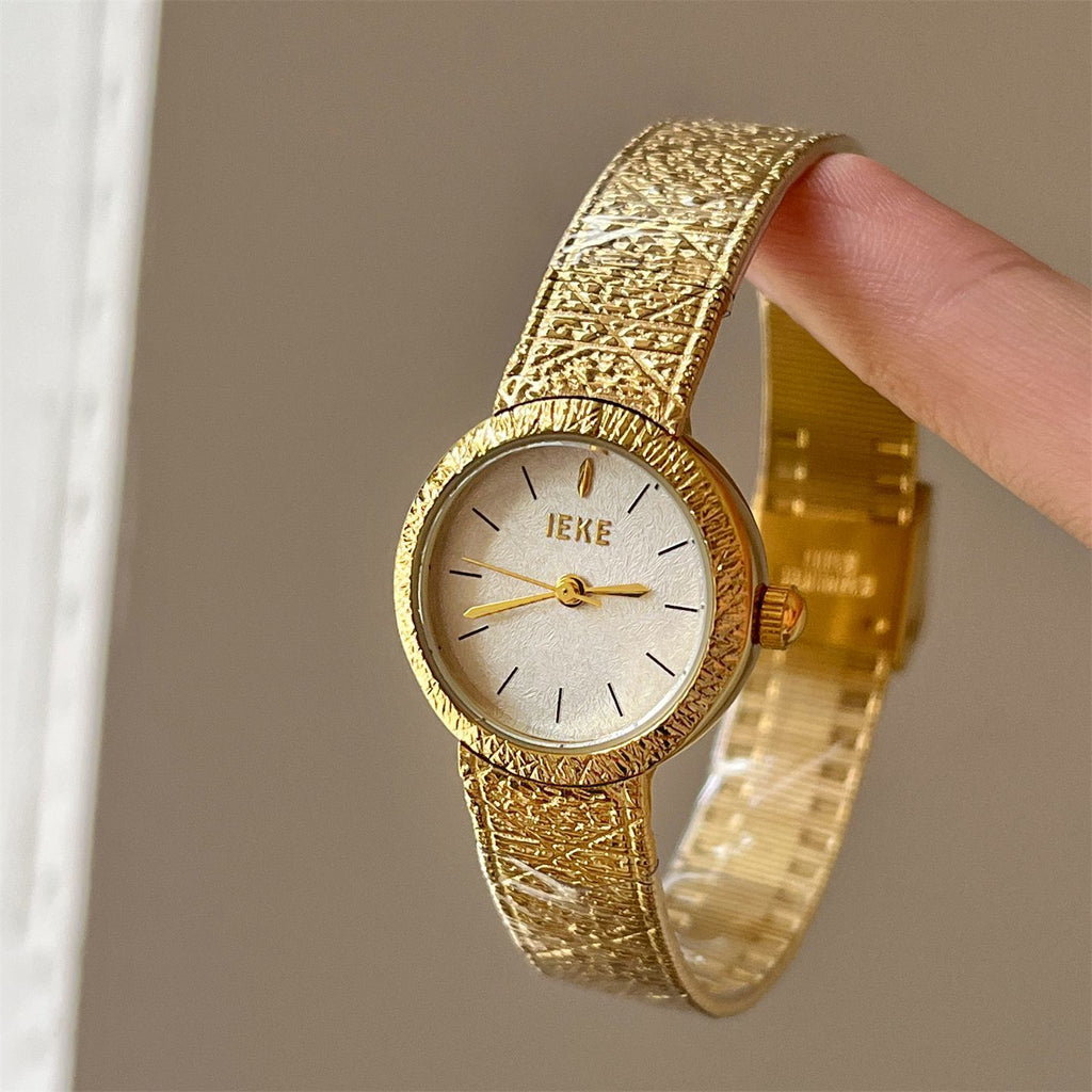 IEKE Vintage Crinkled Foil Textured Mesh Gold Watch - Ultra-Thin Petite Quartz Watch for Women