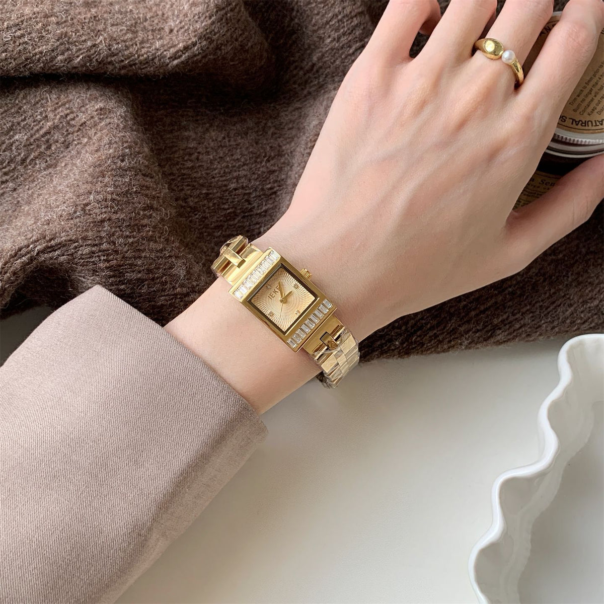 IEKE Vintage Square Crystal Pavé Gold Steel Watch - Sparkling Tank Quartz Watch for Women