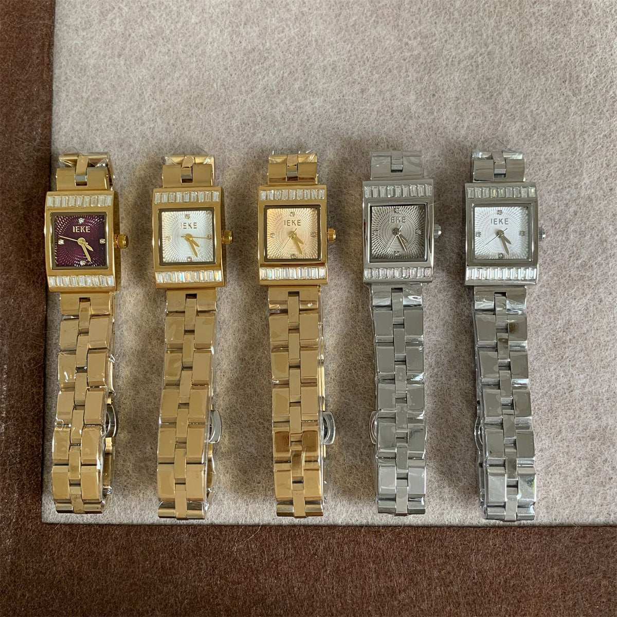 IEKE Vintage Square Crystal Pavé Gold Steel Watch - Sparkling Tank Quartz Watch for Women