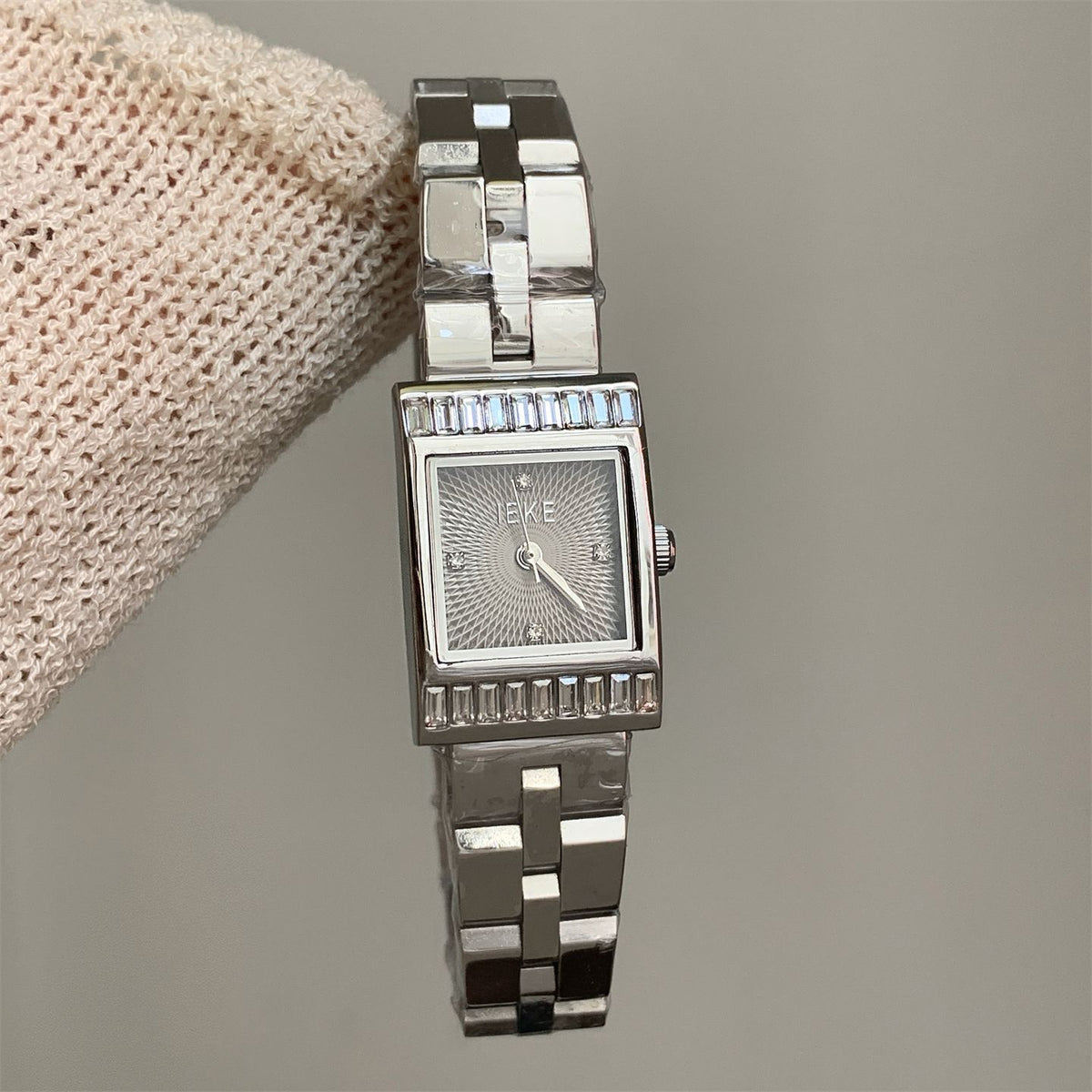 IEKE Vintage Square Crystal Pavé Gold Steel Watch - Sparkling Tank Quartz Watch for Women