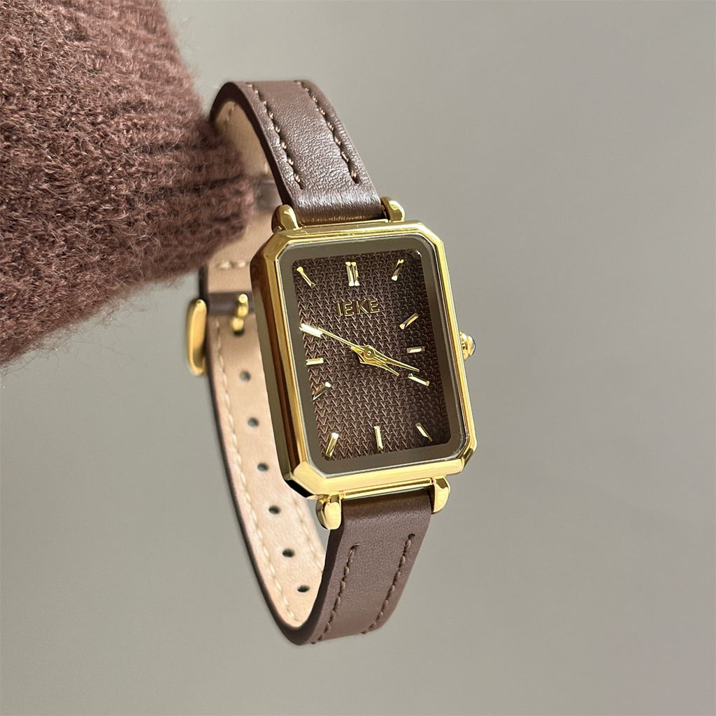 IEKE Textured Grid Dial Leather Watch - Modern Geometric Quartz Watch for Women