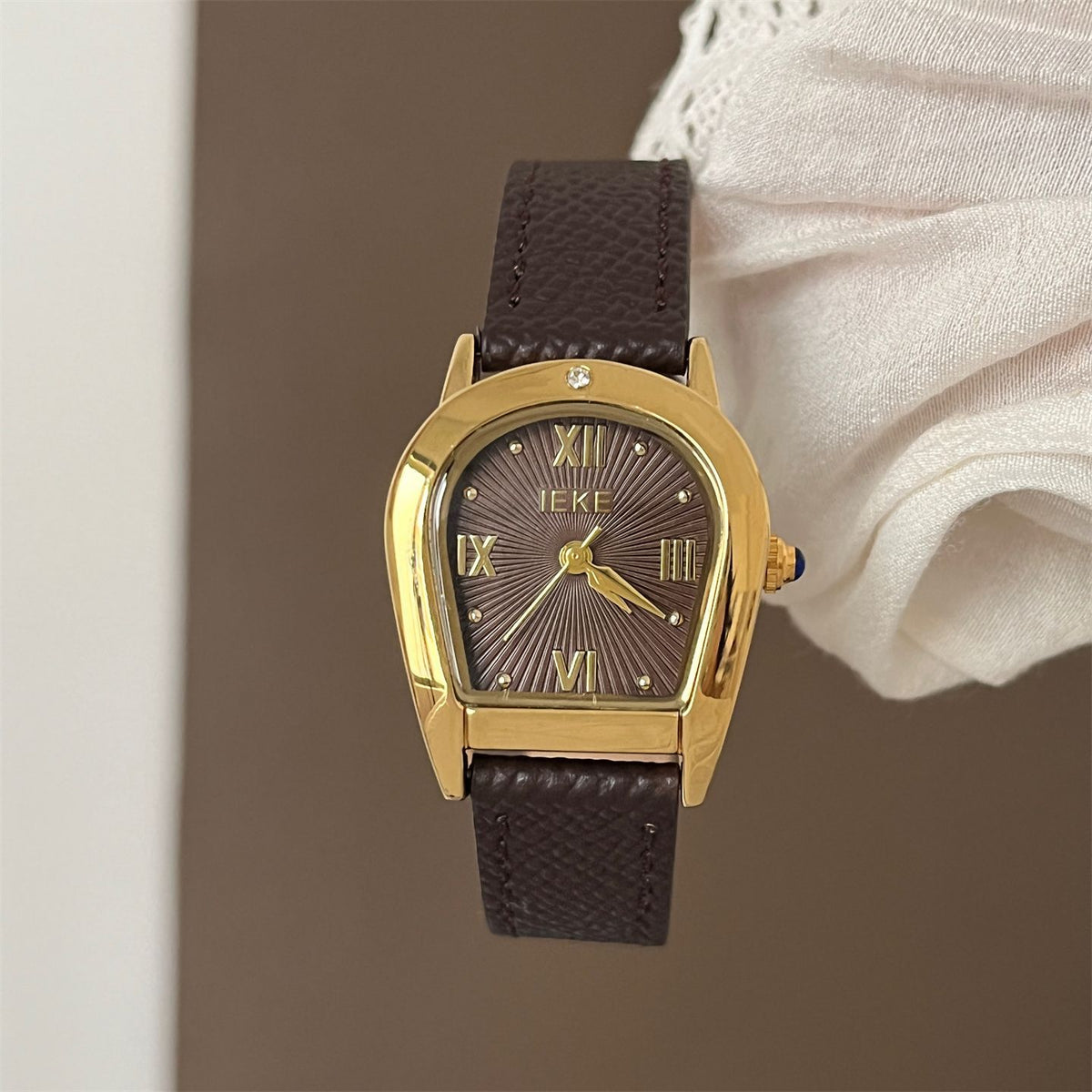 IEKE Arched Bezel Crystal Pavé Slim Leather Watch - Dainty Curvature Quartz Watch for Women