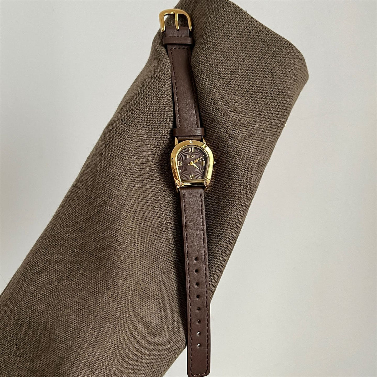 IEKE Arched Bezel Crystal Pavé Slim Leather Watch - Dainty Curvature Quartz Watch for Women
