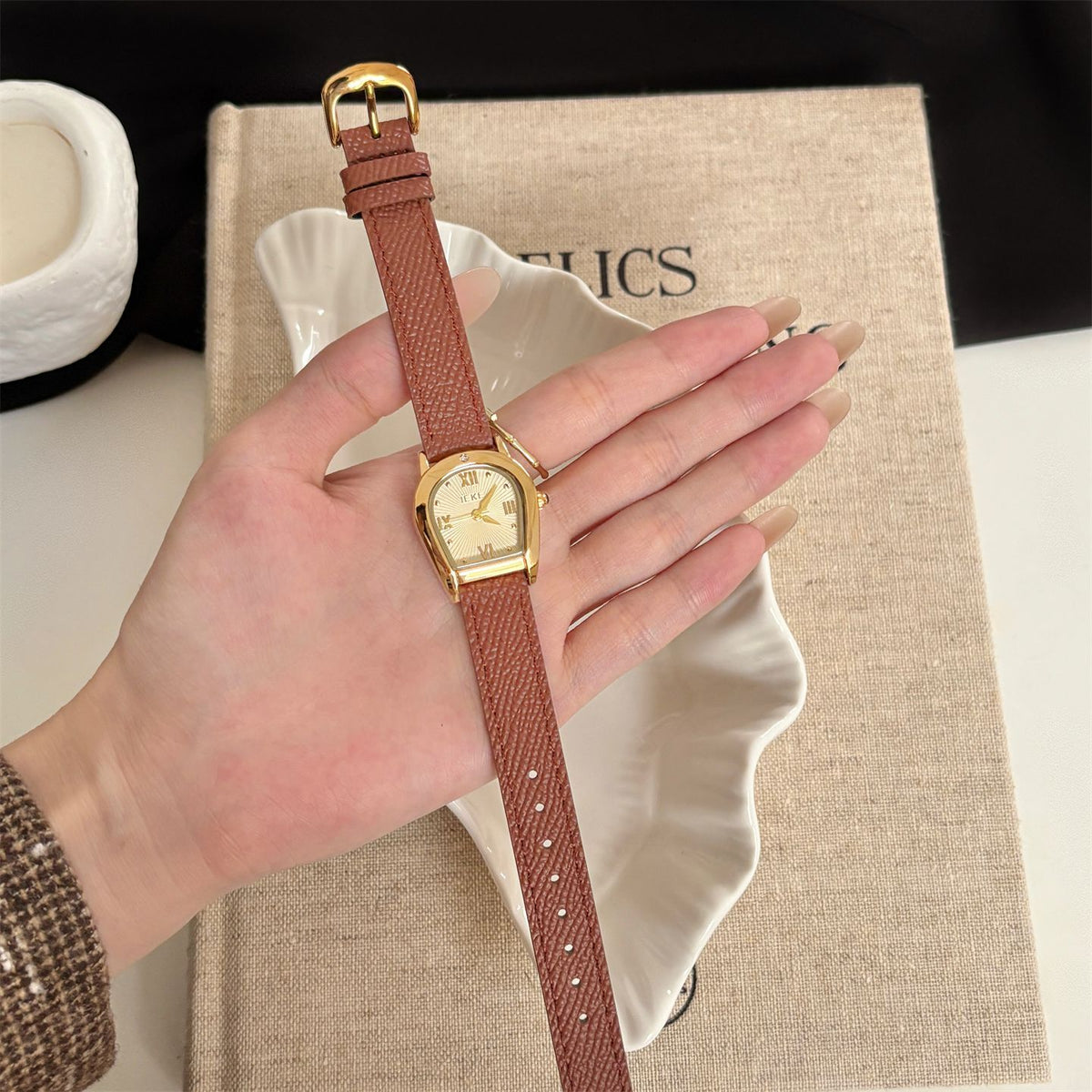 IEKE Arched Bezel Crystal Pavé Slim Leather Watch - Dainty Curvature Quartz Watch for Women