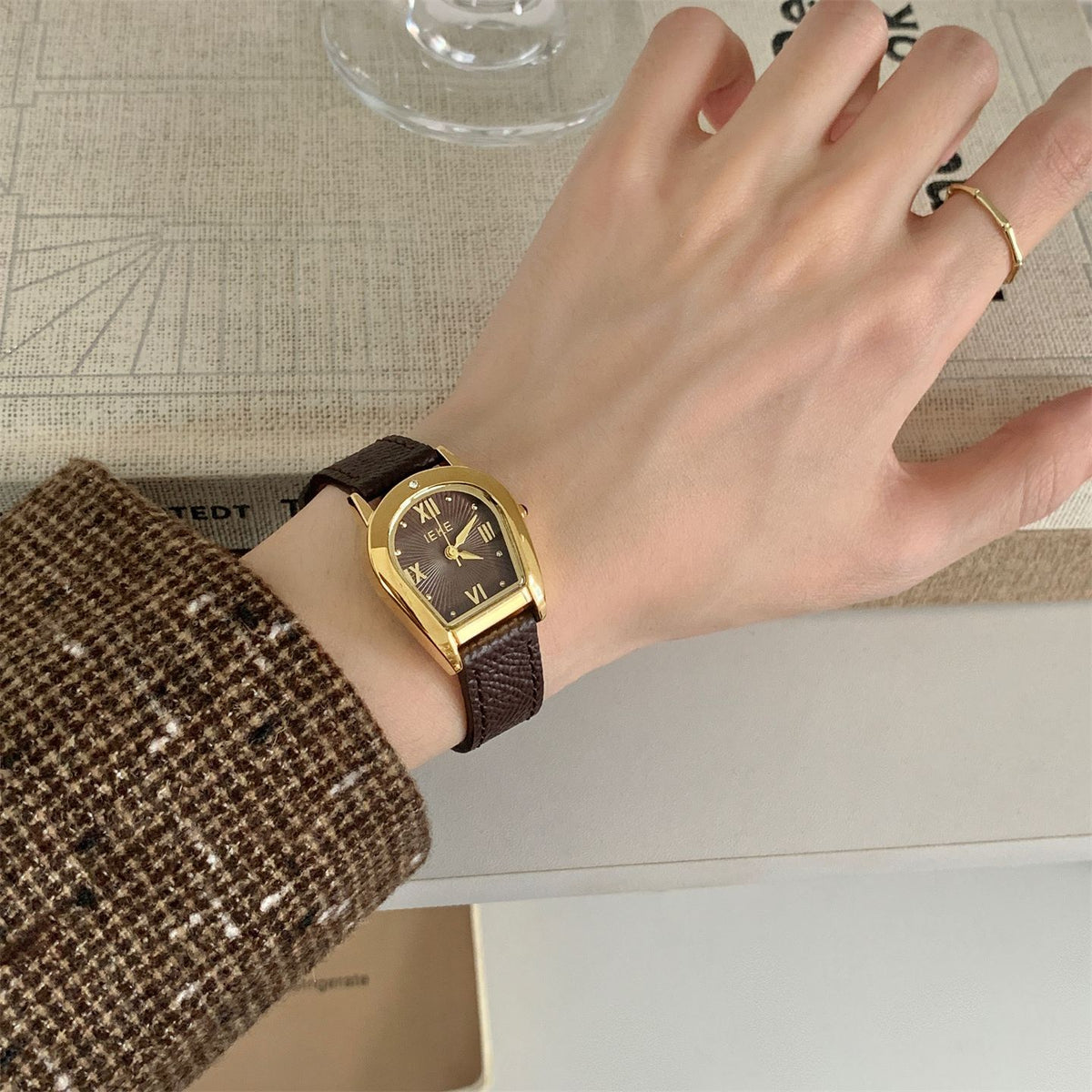 IEKE Arched Bezel Crystal Pavé Slim Leather Watch - Dainty Curvature Quartz Watch for Women