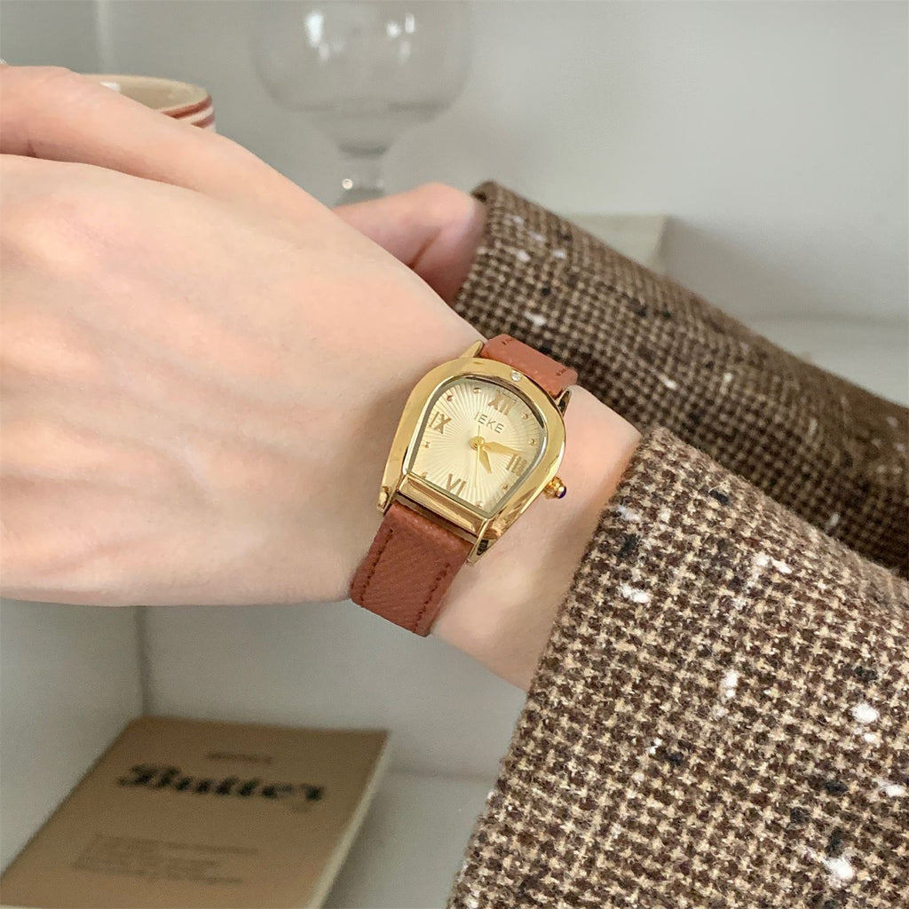 IEKE Arched Bezel Crystal Pavé Slim Leather Watch - Dainty Curvature Quartz Watch for Women