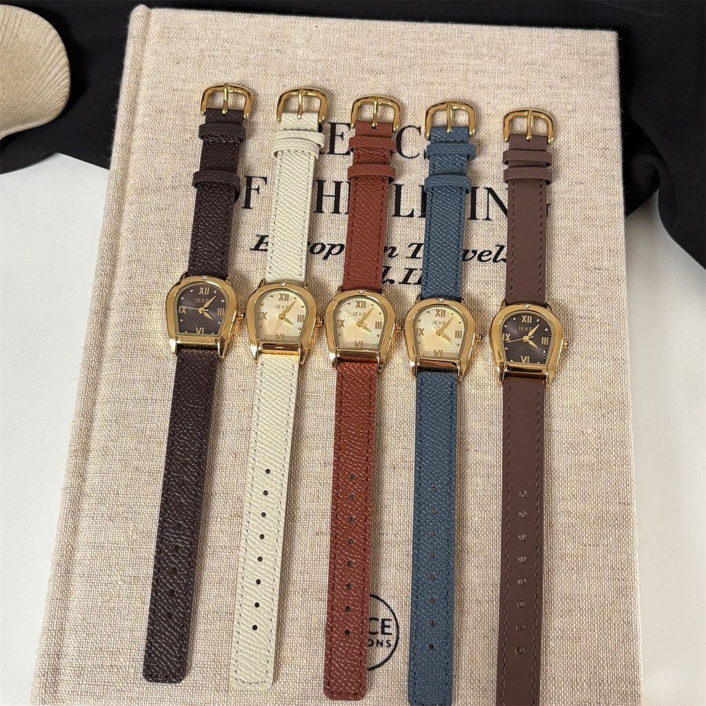 IEKE Arched Bezel Crystal Pavé Slim Leather Watch - Dainty Curvature Quartz Watch for Women