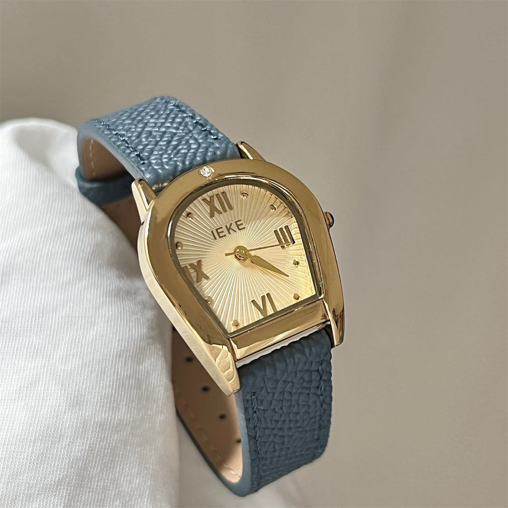 IEKE Arched Bezel Crystal Pavé Slim Leather Watch - Dainty Curvature Quartz Watch for Women