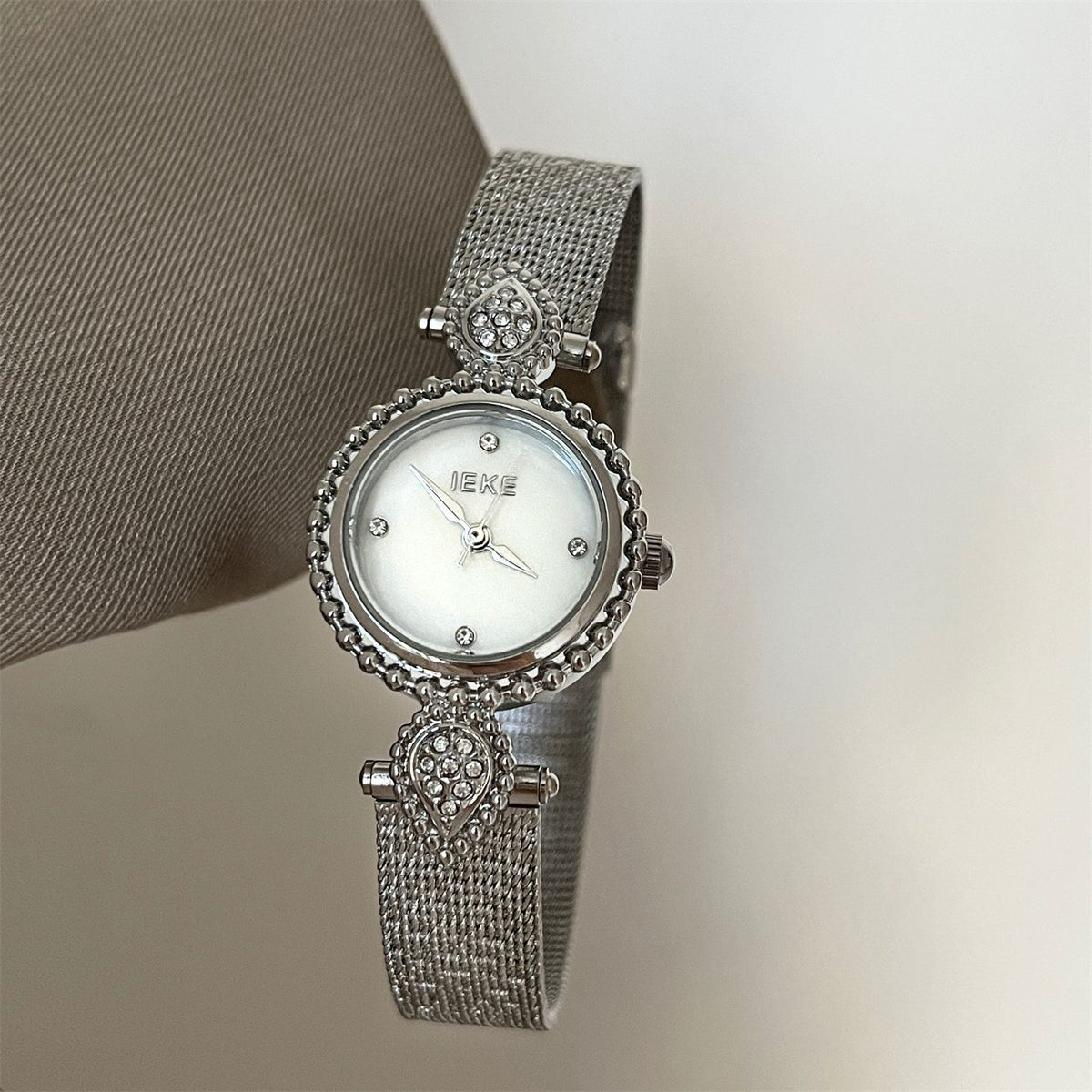 IEKE French Azure Mother of Pearl Crystal Watch - Blue Nacre Leather Dress Watch for Women