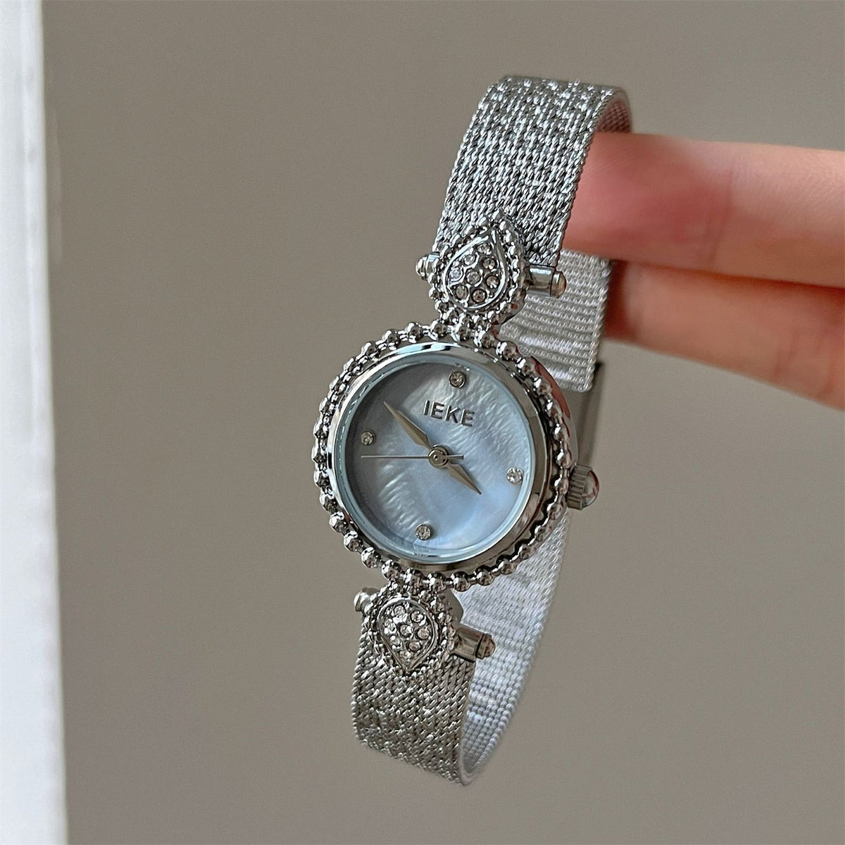 IEKE French Azure Mother of Pearl Crystal Watch - Blue Nacre Leather Dress Watch for Women