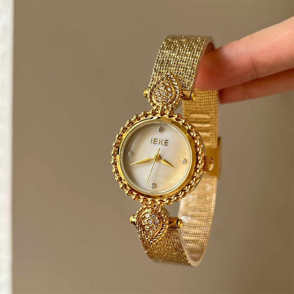 IEKE French Azure Mother of Pearl Crystal Watch - Blue Nacre Leather Dress Watch for Women