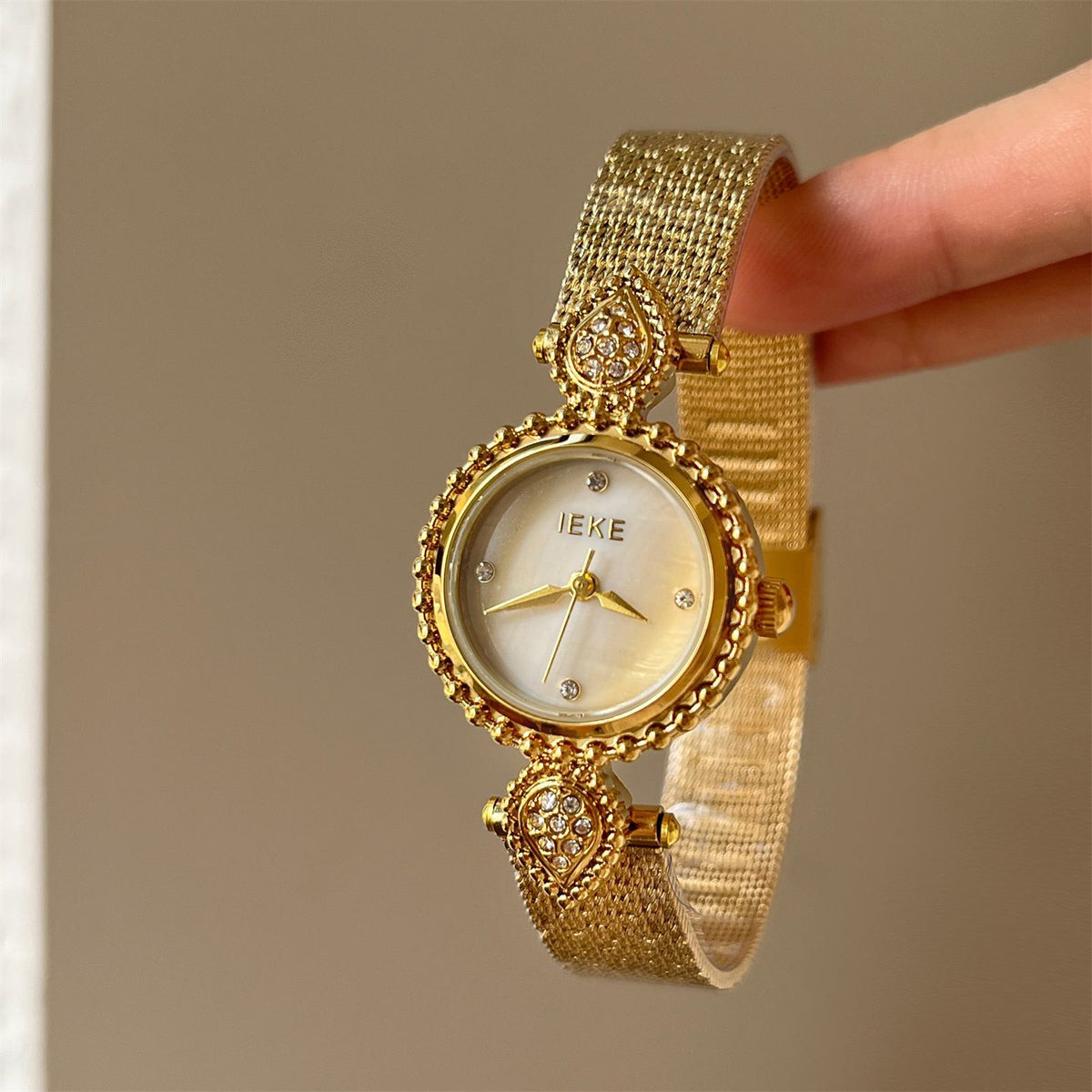 IEKE French Azure Mother of Pearl Crystal Watch - Blue Nacre Leather Dress Watch for Women