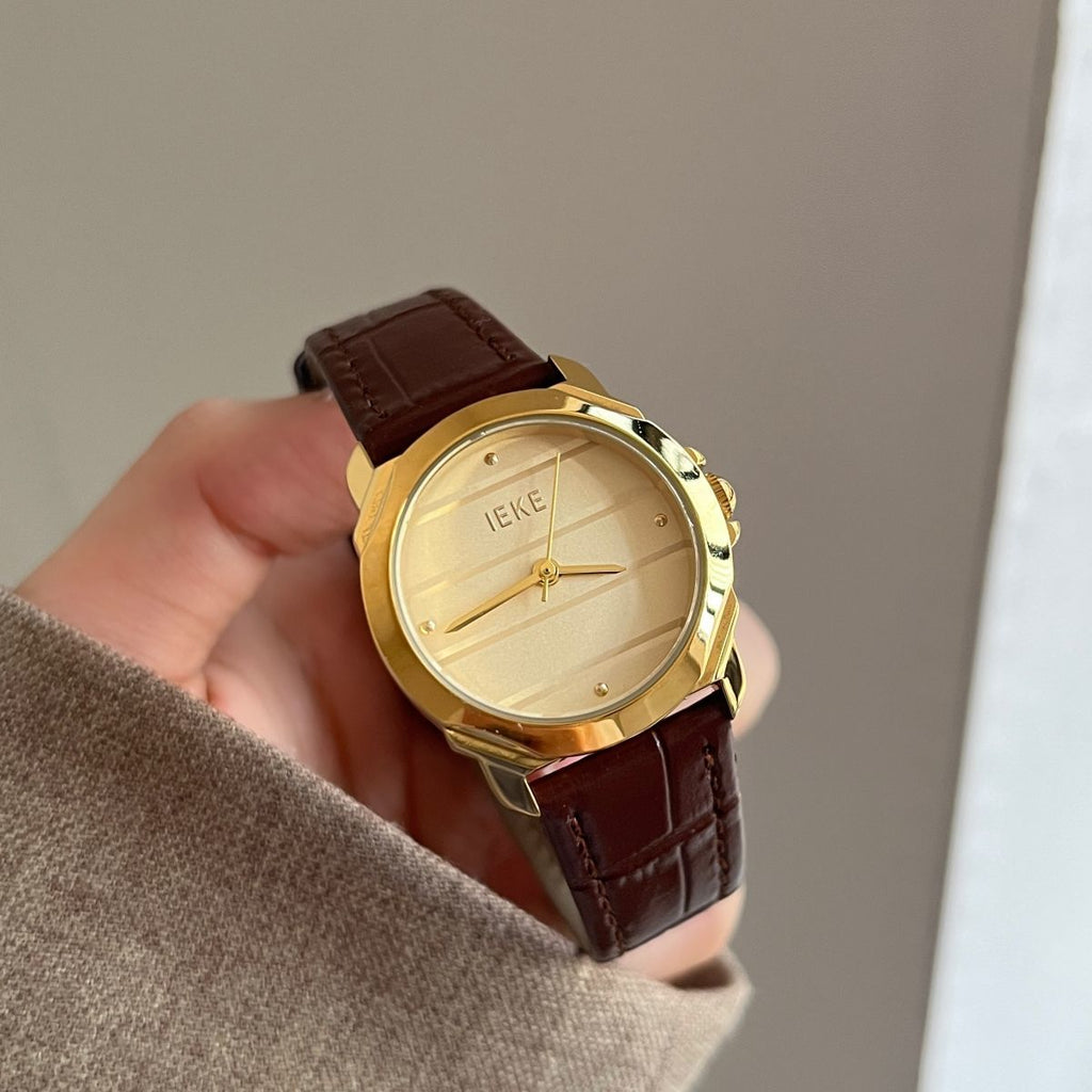 IEKE Contemporary Korean Round Leather Watch - Skin-Brightening Quartz Watch for Women