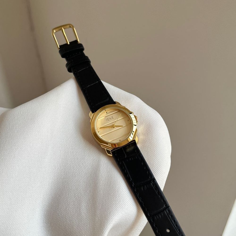 IEKE Contemporary Korean Round Leather Watch - Skin-Brightening Quartz Watch for Women