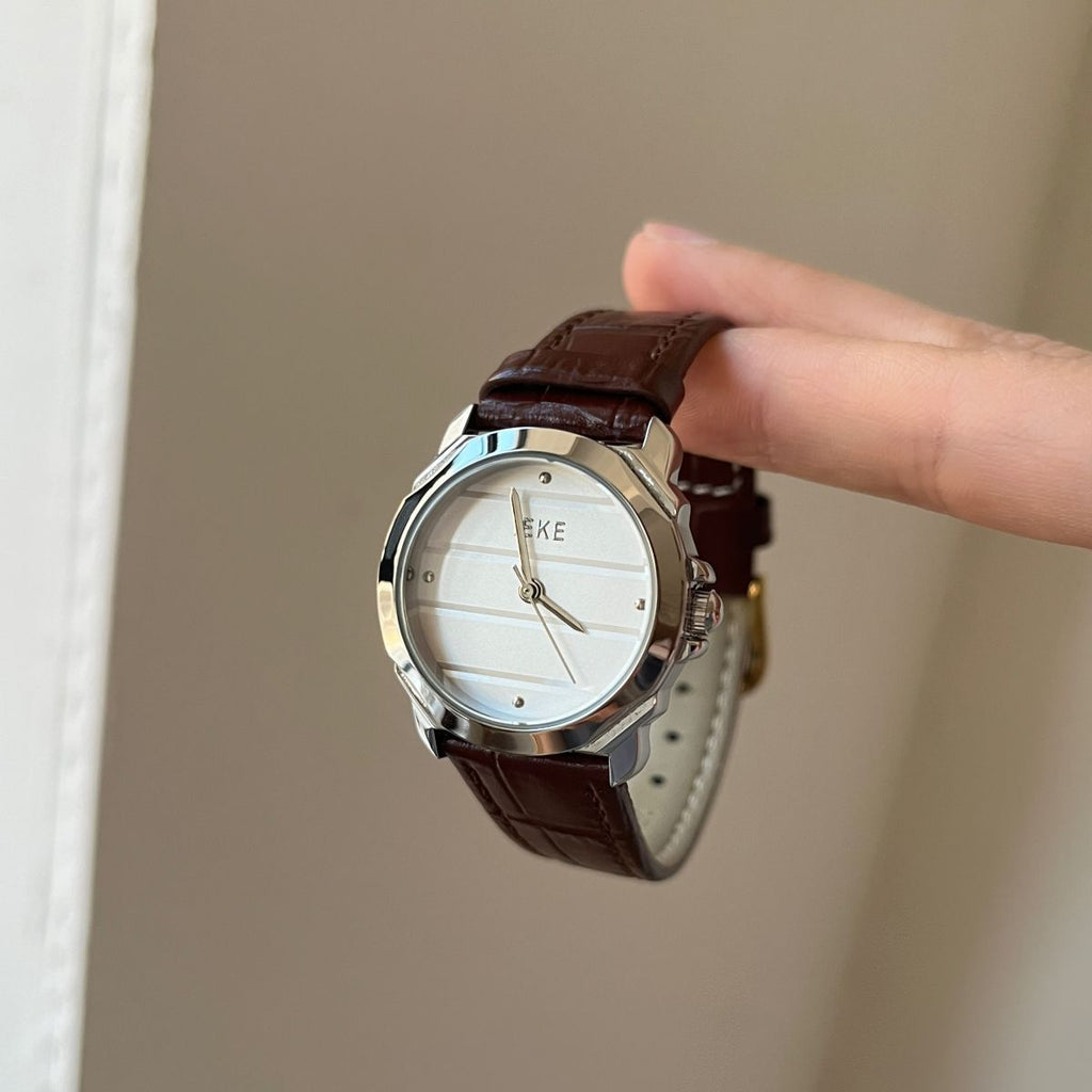 IEKE Contemporary Korean Round Leather Watch - Skin-Brightening Quartz Watch for Women