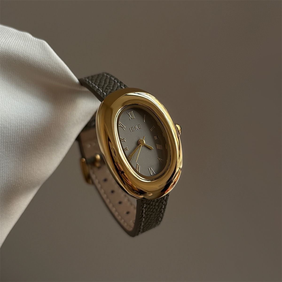 IEKE Academic Slate Grey Leather Gold Watch - Classic Preppy Quartz Watch for Women