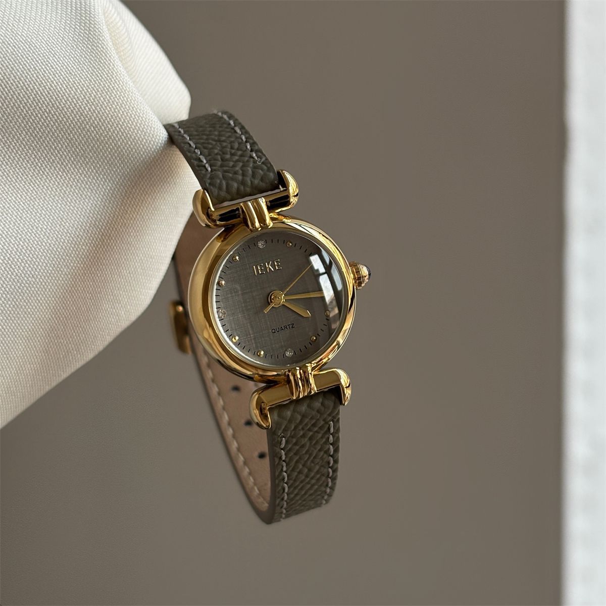 IEKE Academic Slate Grey Leather Gold Watch - Classic Preppy Quartz Watch for Women