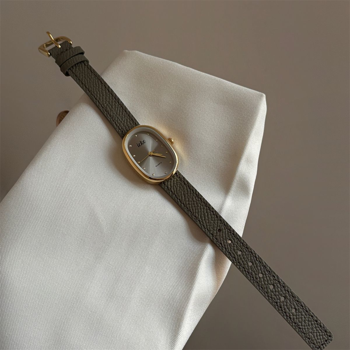 IEKE Academic Slate Grey Leather Gold Watch - Classic Preppy Quartz Watch for Women
