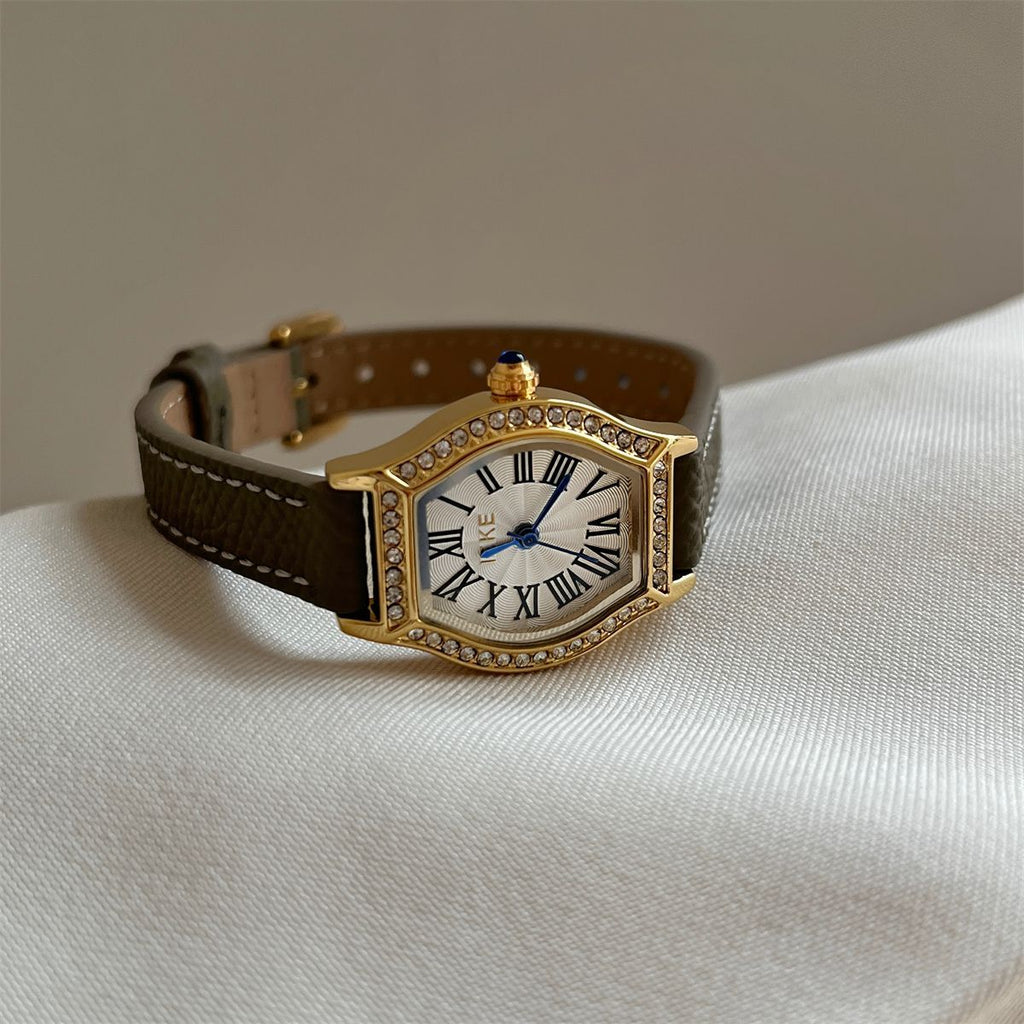 IEKE Vintage Tonneau Starburst Crystal Leather Watch - Pavé Bezel Barrel Watch for Women