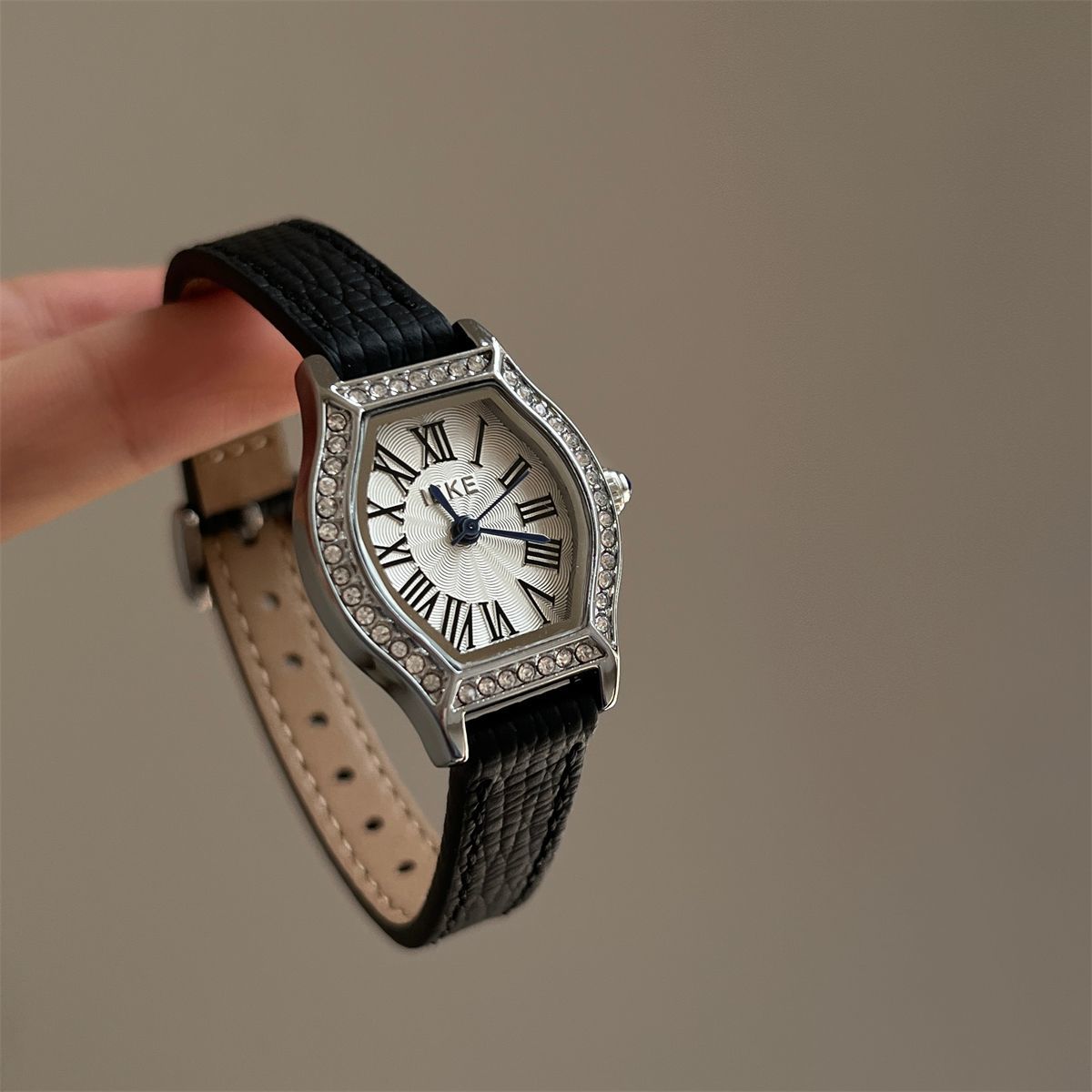 IEKE Vintage Tonneau Starburst Crystal Leather Watch - Pavé Bezel Barrel Watch for Women