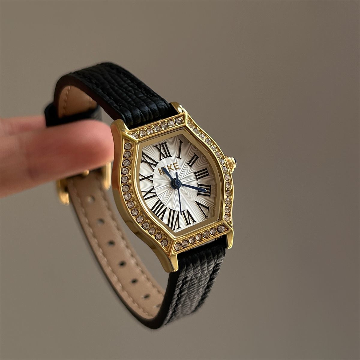 IEKE Vintage Tonneau Starburst Crystal Leather Watch - Pavé Bezel Barrel Watch for Women