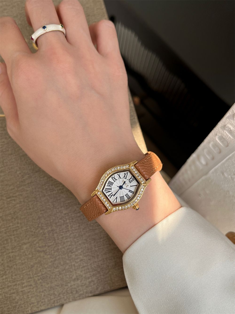 IEKE Vintage Tonneau Starburst Crystal Leather Watch - Pavé Bezel Barrel Watch for Women