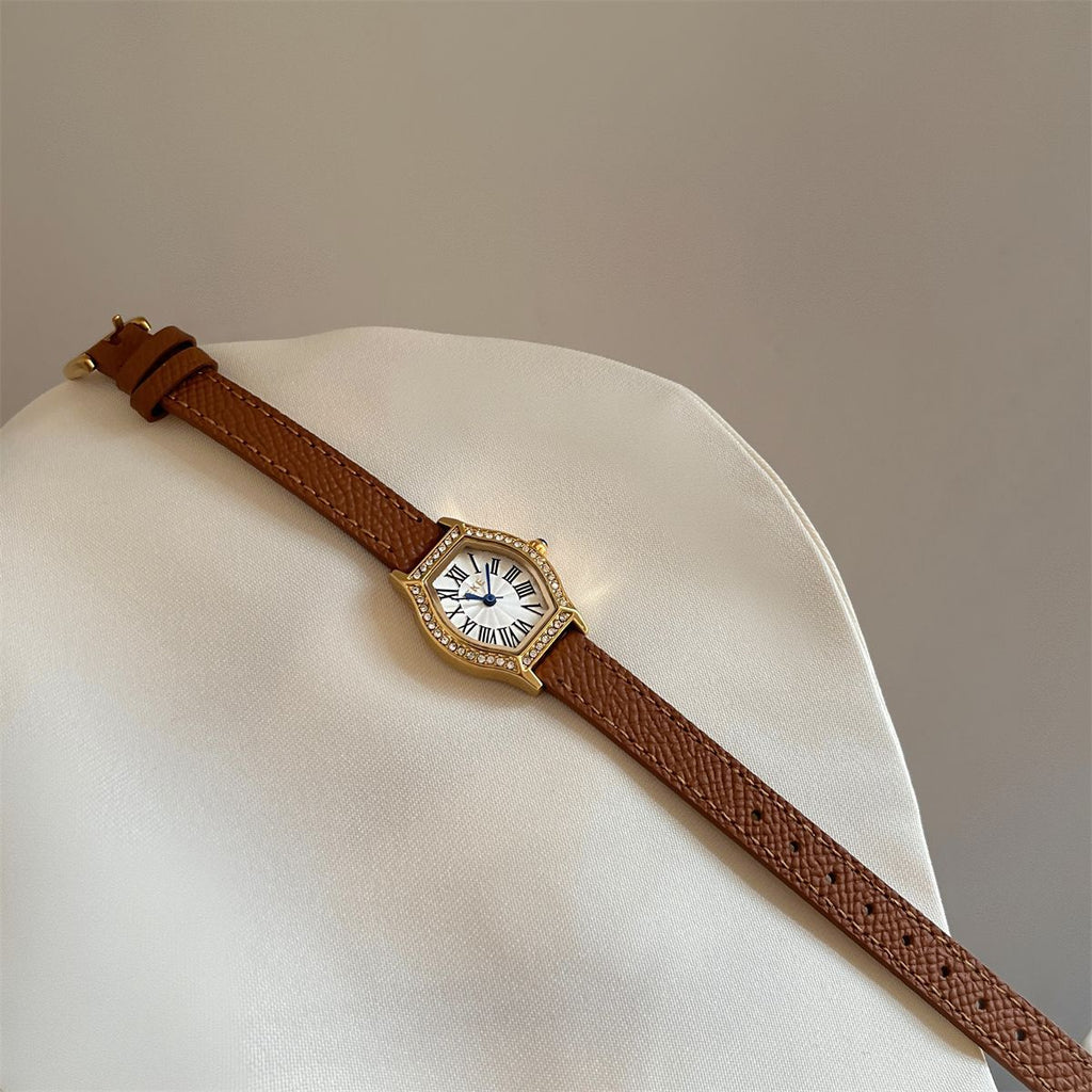 IEKE Vintage Tonneau Starburst Crystal Leather Watch - Pavé Bezel Barrel Watch for Women