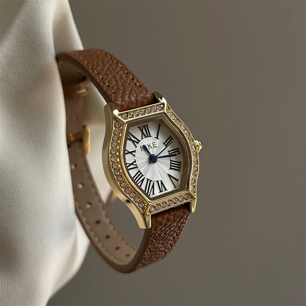 IEKE Vintage Tonneau Starburst Crystal Leather Watch - Pavé Bezel Barrel Watch for Women