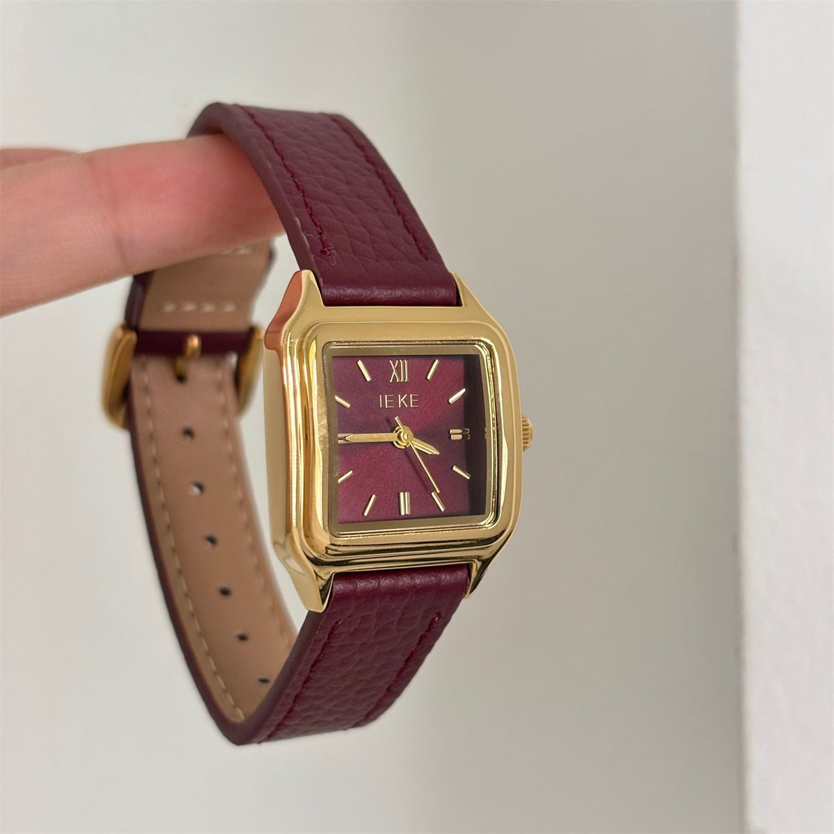 IEKE Fresh Square Petite Dial Slim Leather Strap Watch - Pastel Minimalist Quartz Watch for Women