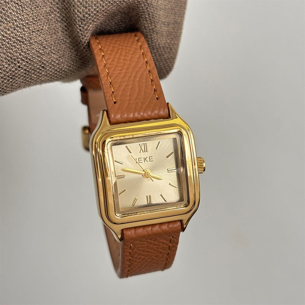 IEKE Fresh Square Petite Dial Slim Leather Strap Watch - Pastel Minimalist Quartz Watch for Women