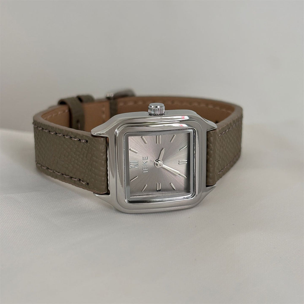IEKE Fresh Square Petite Dial Slim Leather Strap Watch - Pastel Minimalist Quartz Watch for Women
