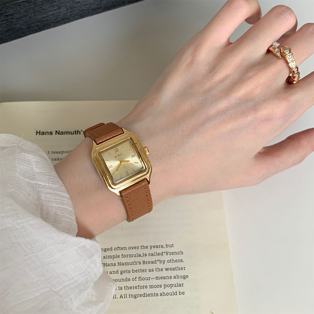 IEKE Fresh Square Petite Dial Slim Leather Strap Watch - Pastel Minimalist Quartz Watch for Women