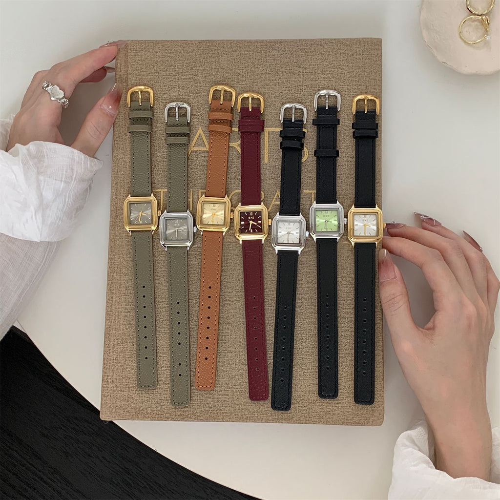 IEKE Fresh Square Petite Dial Slim Leather Strap Watch - Pastel Minimalist Quartz Watch for Women