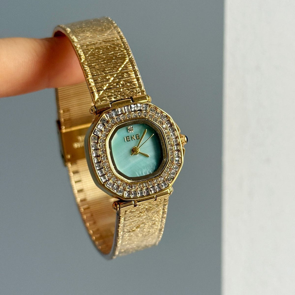 IEKE Cushion Halo Crystal Pavé Leather Watch - Square-Round Hybrid Dress Watch for Women