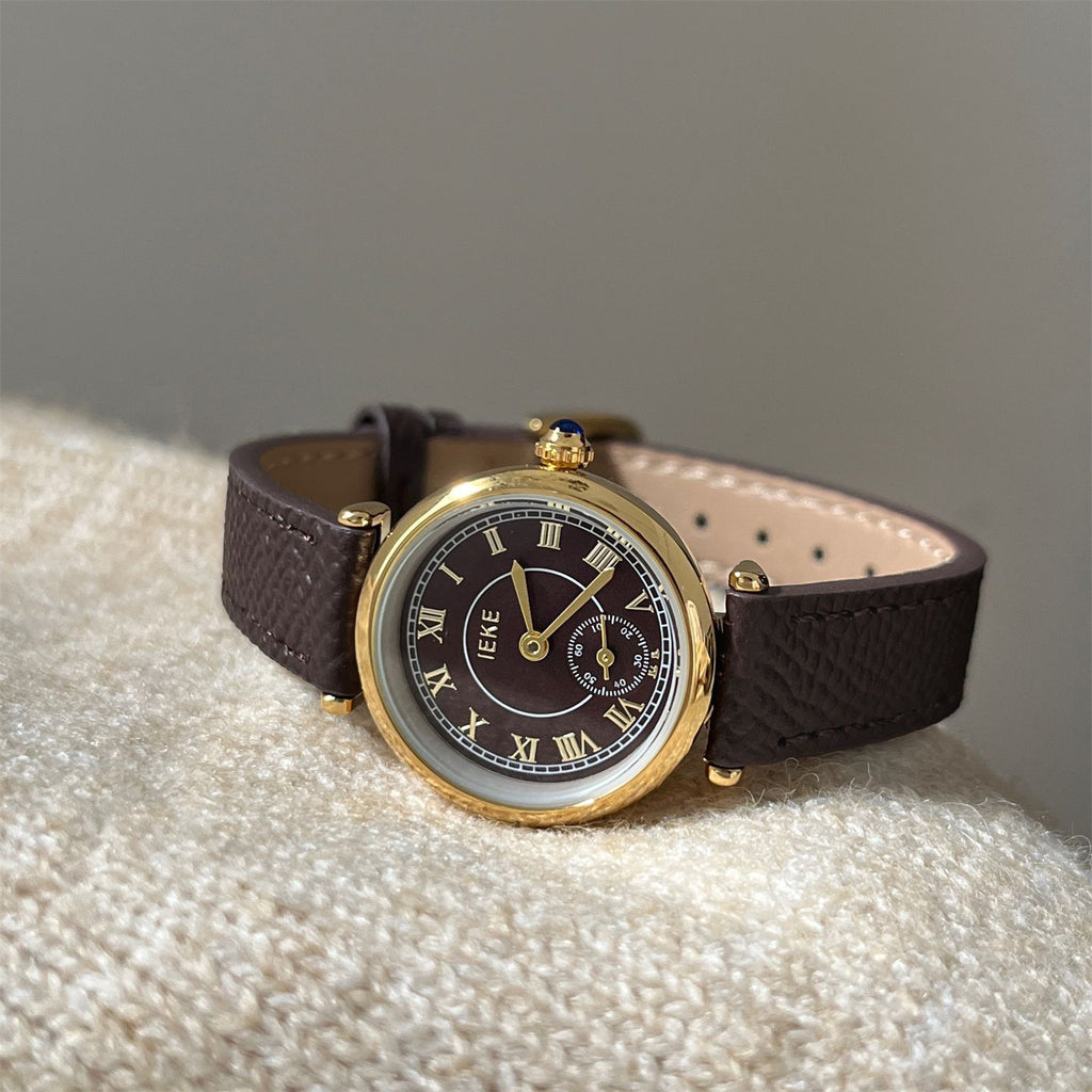 IEKE Vintage Round Roman Numeral Leather Watch - Dainty Parisian Quartz Watch for Women