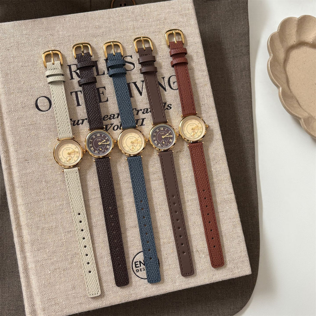 IEKE Vintage Round Roman Numeral Leather Watch - Dainty Parisian Quartz Watch for Women