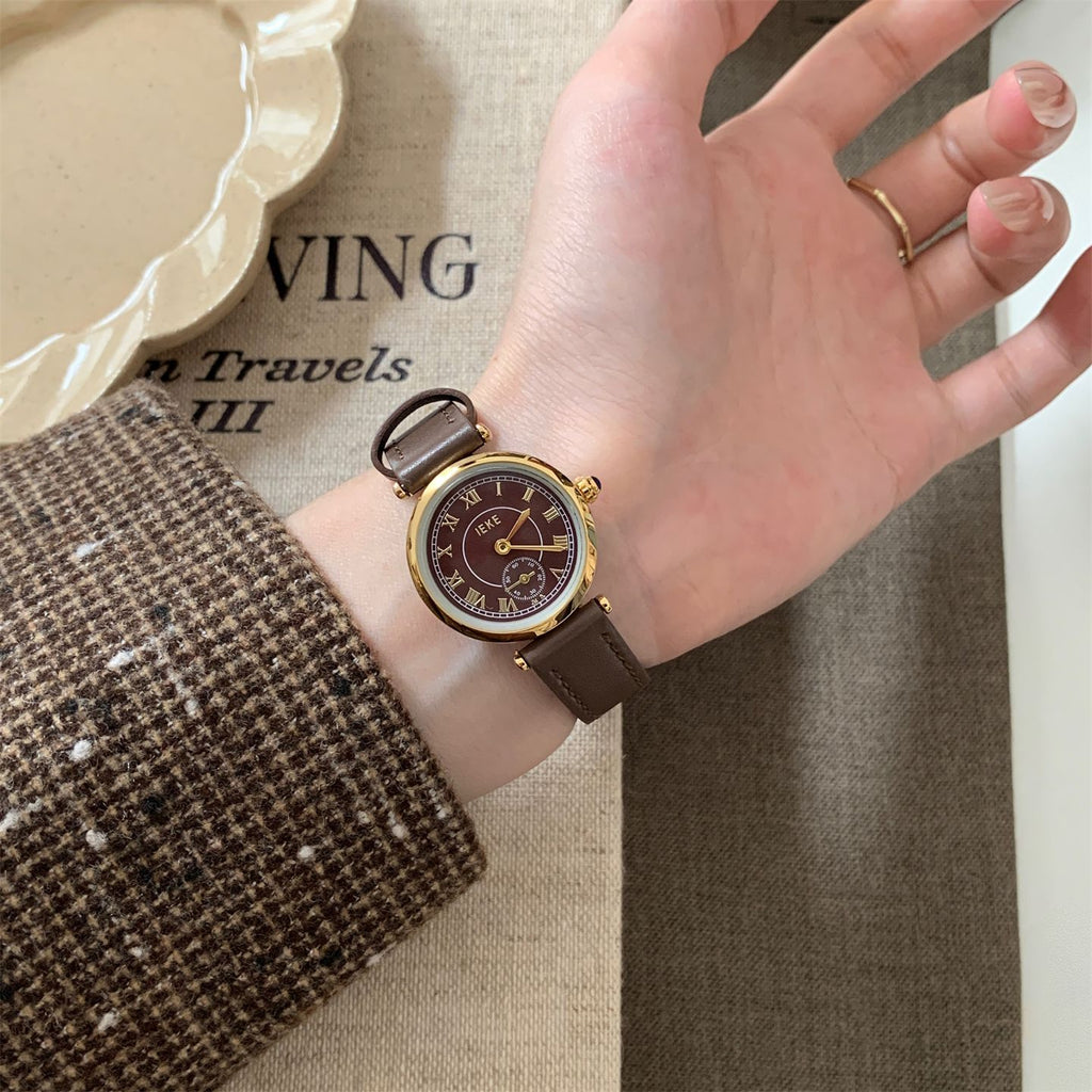 IEKE Vintage Round Roman Numeral Leather Watch - Dainty Parisian Quartz Watch for Women