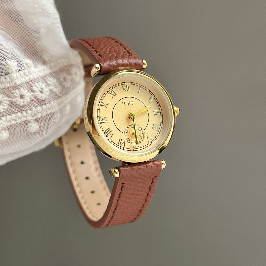 IEKE Vintage Round Roman Numeral Leather Watch - Dainty Parisian Quartz Watch for Women