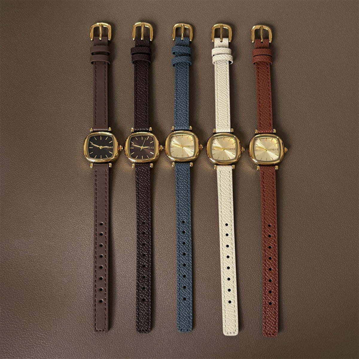 IEKE Sugar Cube Petite Square Slim Leather Watch - Dainty Geometric Quartz Watch for Women