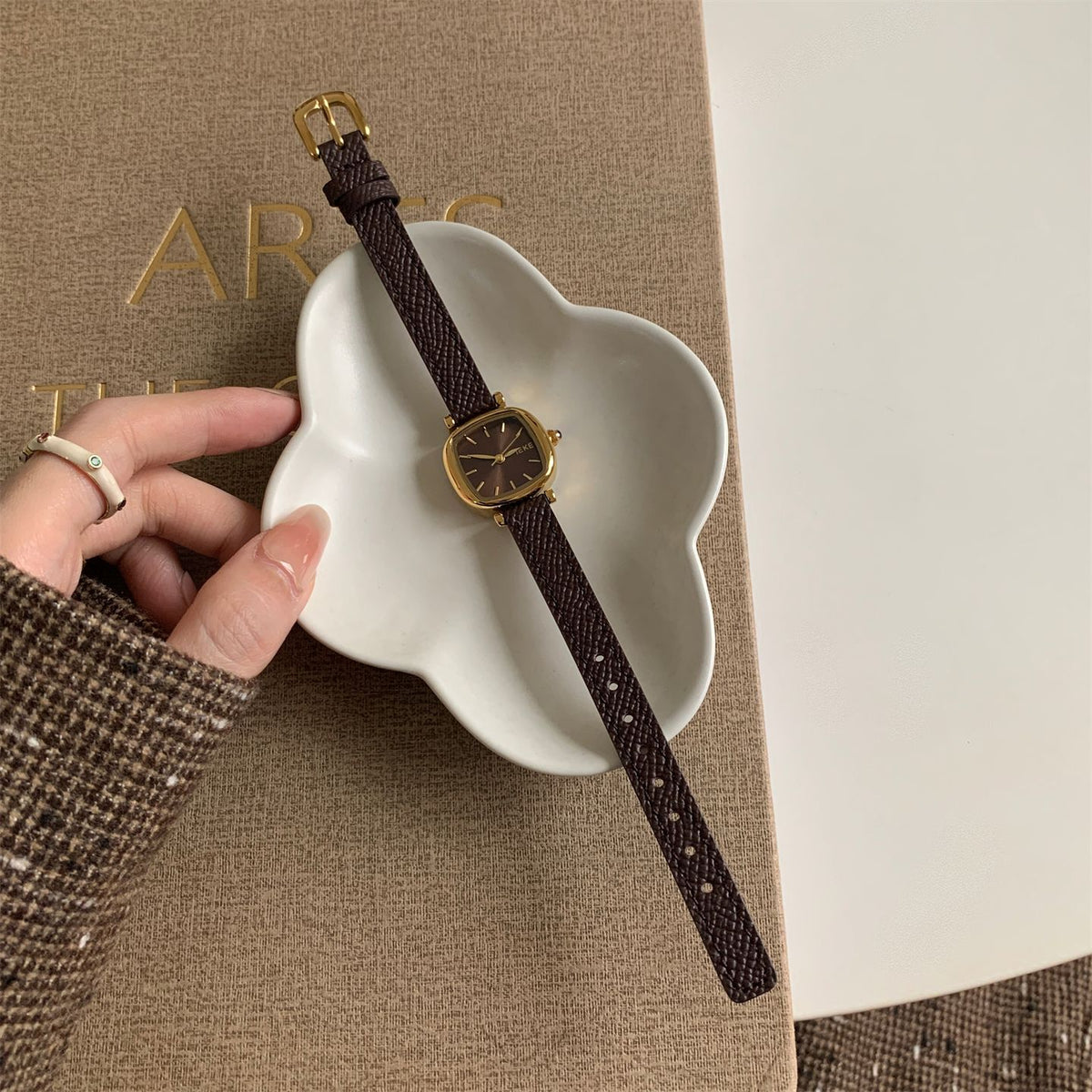 IEKE Sugar Cube Petite Square Slim Leather Watch - Dainty Geometric Quartz Watch for Women