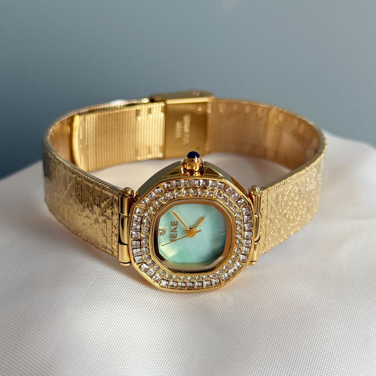 IEKE Cushion Halo Crystal Pavé Leather Watch - Square-Round Hybrid Dress Watch for Women