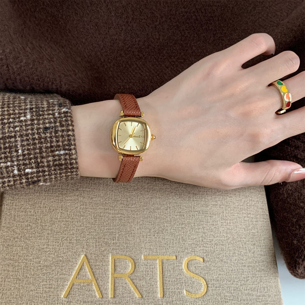 IEKE Sugar Cube Petite Square Slim Leather Watch - Dainty Geometric Quartz Watch for Women