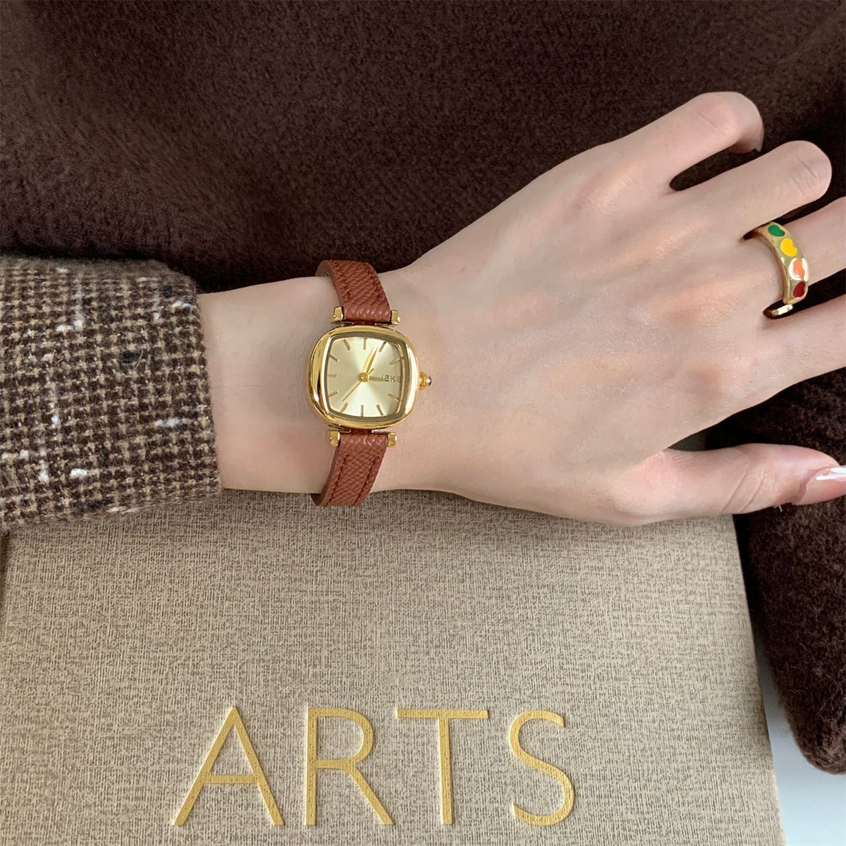 IEKE Sugar Cube Petite Square Slim Leather Watch - Dainty Geometric Quartz Watch for Women
