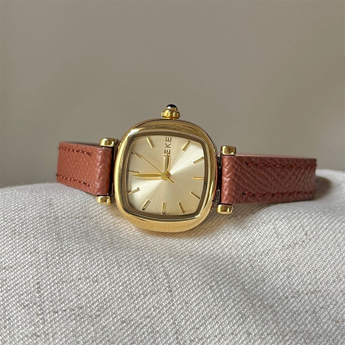 IEKE Sugar Cube Petite Square Slim Leather Watch - Dainty Geometric Quartz Watch for Women