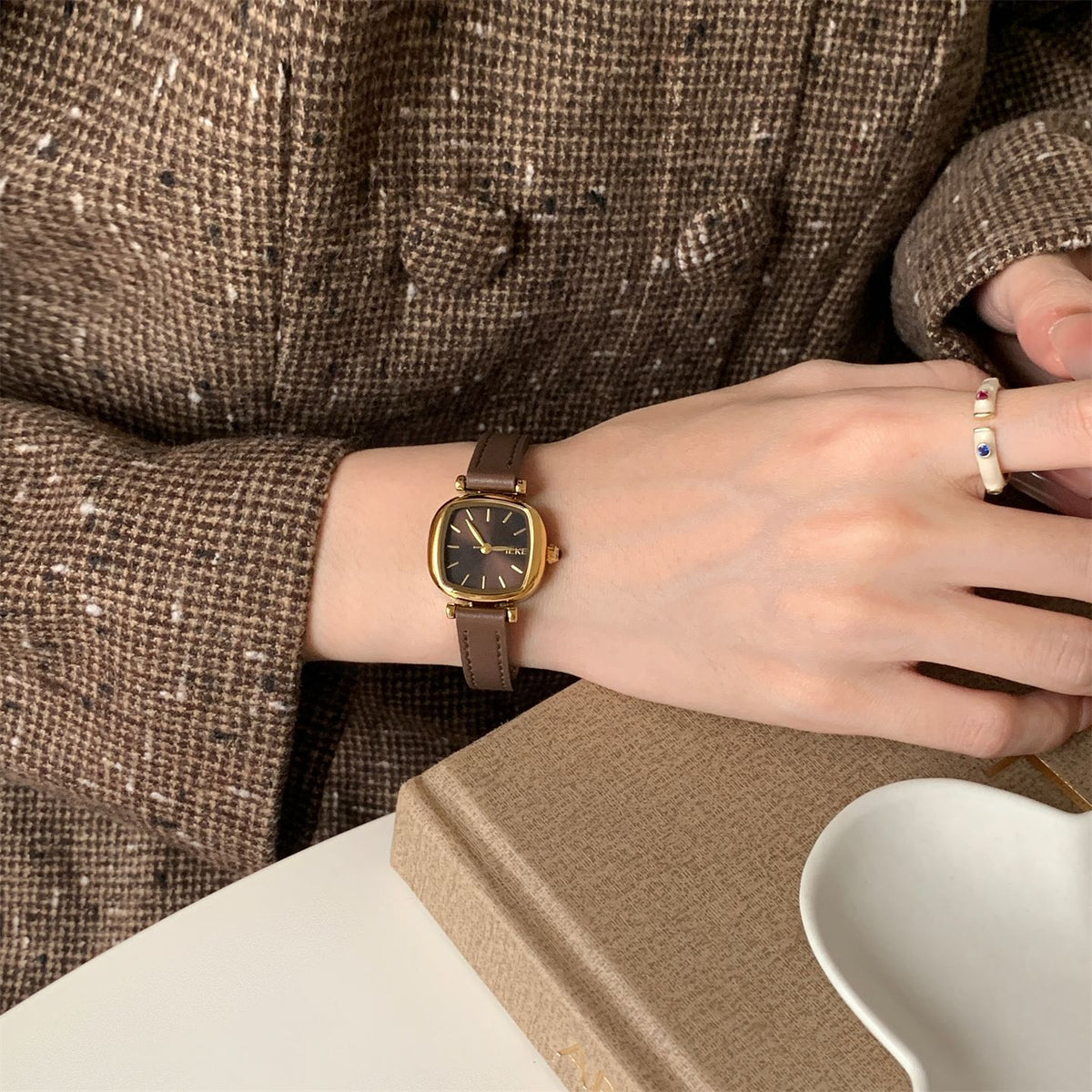 IEKE Sugar Cube Petite Square Slim Leather Watch - Dainty Geometric Quartz Watch for Women