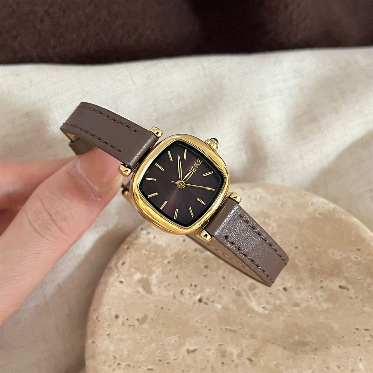 IEKE Sugar Cube Petite Square Slim Leather Watch - Dainty Geometric Quartz Watch for Women